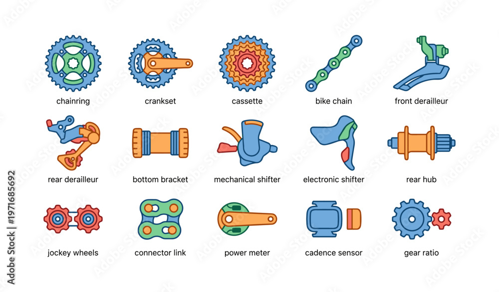Naklejka premium Colorful bicycle components illustration with chainring and derailleurs