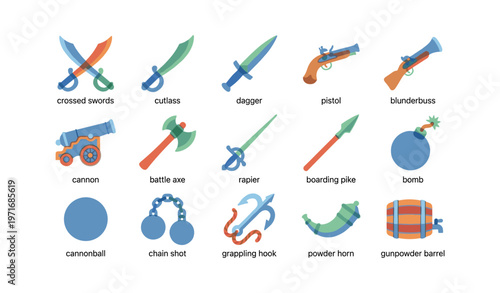 Collection of pirate weapons and tools including swords, pistols, and cannons