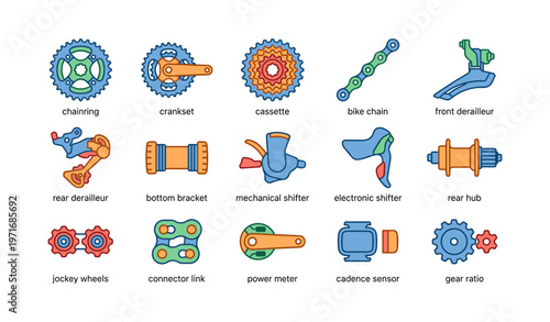 Colorful bicycle components illustration with chainring and derailleurs