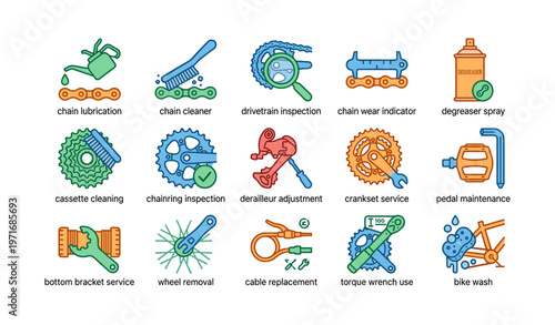 Bicycle maintenance icons: tools for chain, drivetrain, and crankset care