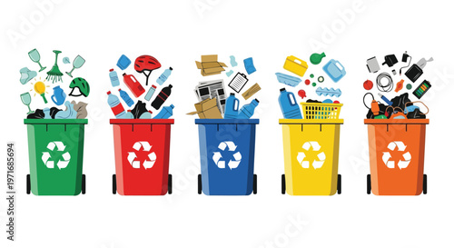Color-coded recycling bins showcasing different types of waste disposal and materials.