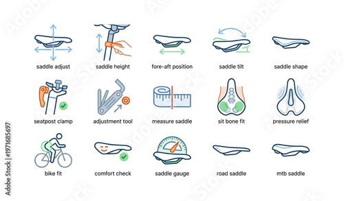 Guide to bicycle saddle adjustment and fit with icons