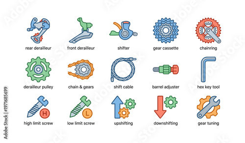 Bicycle gear components icons: detailed mechanisms and tools illustrated