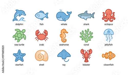 Colorful marine life icons featuring sea creatures and ocean animals