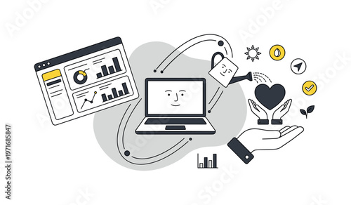 Digital growth and care concept with laptop and watering can nurturing heart