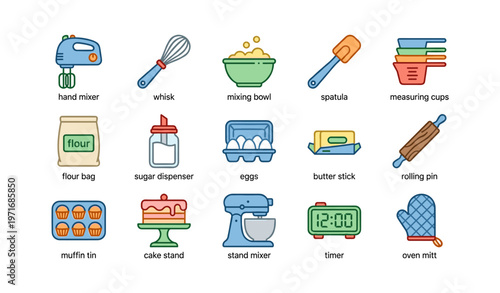 Colorful kitchen utensils: whisk, bowl, spatula, cups, bag, dispenser, eggs, butter, pin, pan, stand, timer, mitten