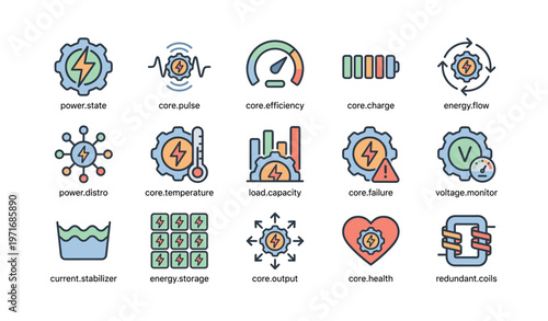 Industrial icon set featuring power state core efficiency and energy flow symbols