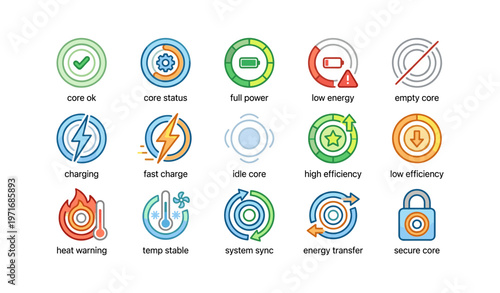 Colorful power and energy management icons with status indicators