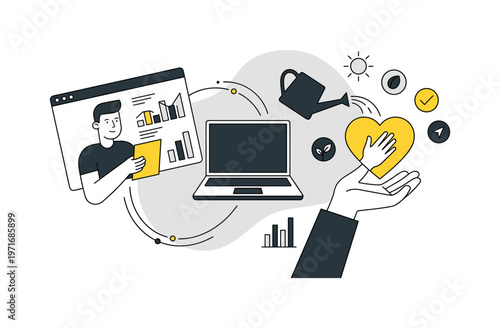 Digital growth and care concept with laptop and heart illustration