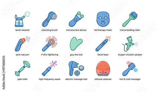 Collection of skincare tools and devices for facial treatment