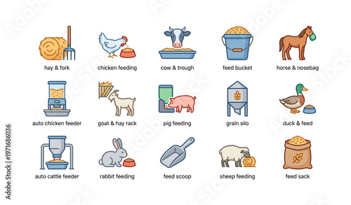 Farm animal feeding icons: cow, chicken, pig, horse, sheep, rabbit