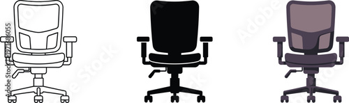 Collection of professional ergonomic office chairs displayed in line art silhouette and flat vector graphic design styles showing diverse options for contemporary workspace furniture sets