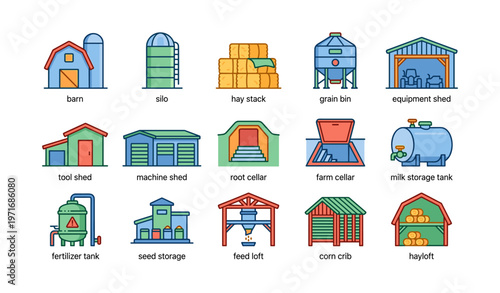 Colorful vector icons of farm buildings and storage structures