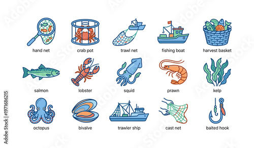 Seafood and fishing tools icons: nets, boats, marine life illustrations