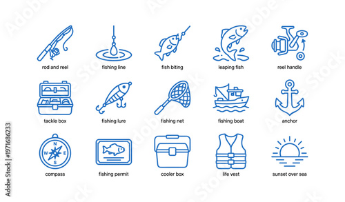 Fishing equipment icons: rods, reels, lures, nets, boats, anchors, and more