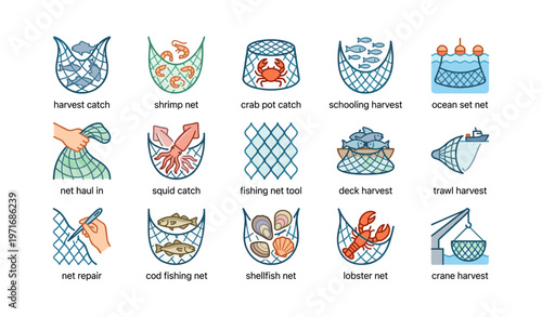 Illustrated icons of fishing nets and marine harvesting techniques