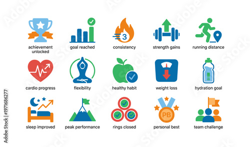 Fitness achievement icon set illustrating health and wellness goals