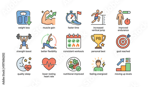 Fitness icons depicting various exercise goals and achievements