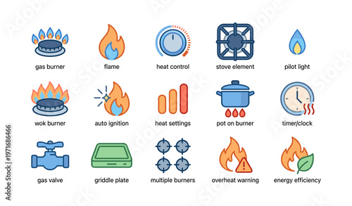 Icons of kitchen equipment: burners, heat controls, and safety features
