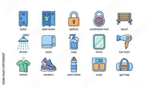 Fitness and gym essentials collection including locker and water bottle