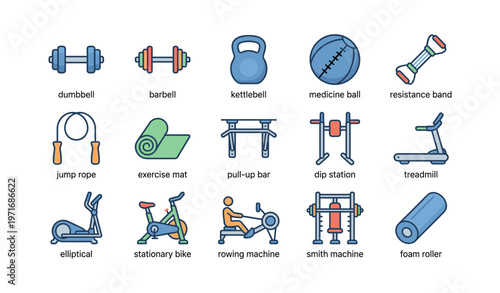 Gym equipment icons: dumbbell, barbell, kettlebell, medicine ball, cardio machines