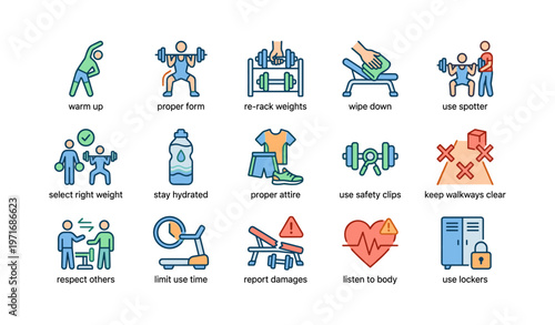 Gym etiquette and safety guidelines illustrated in simple icons