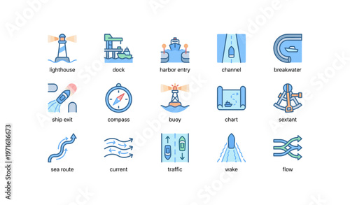 Nautical icons collection featuring lighthouse, compass, and maritime navigation tools