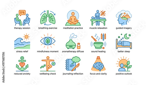 Icons depicting therapy, relaxation, mindfulness, wellbeing, and positive outlook
