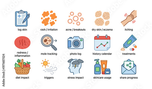 Skincare icons: tracking acne, rash, dry skin, and treatments for healthier skin
