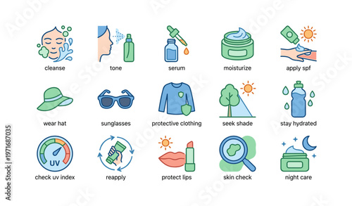 Essential skincare and sun protection icons for healthy skin routine