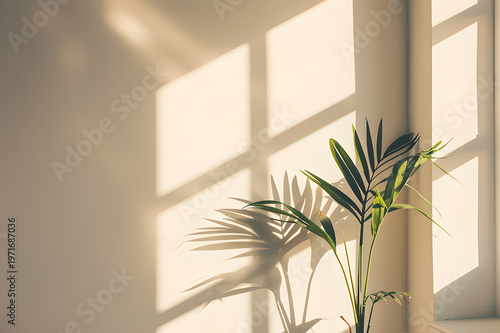 Warm Minimal Interior with Plant and Window Shadow Natural Light Background