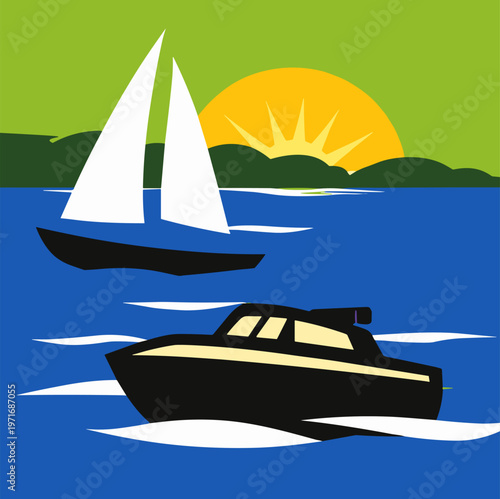 Sailboat and motorboat icon. Marine travel and leisure concept.
