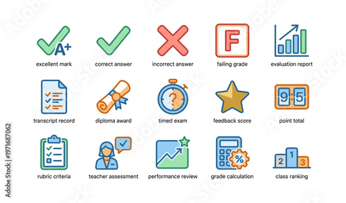 Academic icons set featuring grades, evaluation, diploma, and performance metrics
