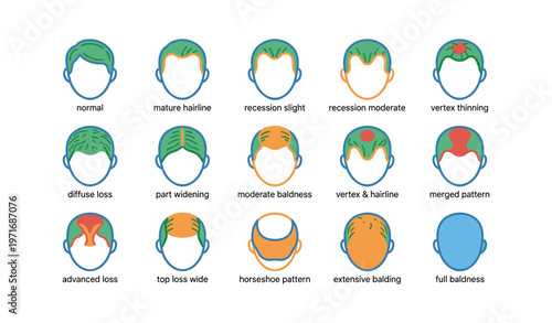 Male hair loss patterns: stages from normal to full baldness