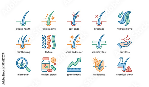 Hair health and care icons illustrating various conditions and treatments