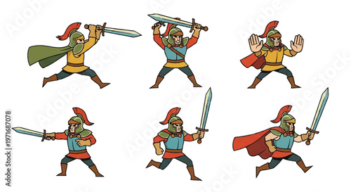 Cartoon warrior character in various action poses