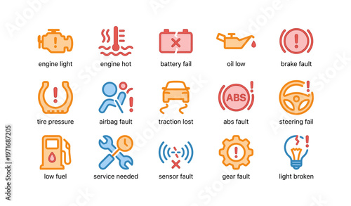 Car dashboard warning icons: engine, battery, oil, brake, and more