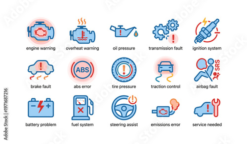 Car dashboard warning icons: engine, brake, transmission, ignition, tire, airbag, battery, fuel