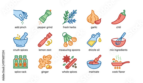 Illustrated kitchen icons featuring cooking ingredients and tools for recipe preparation