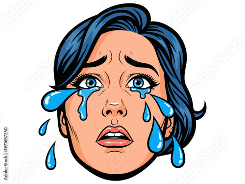 Crying woman face with dramatic tears vector