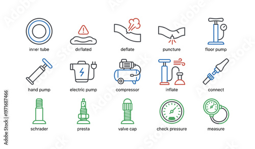 Bicycle tire icons: pump, tube, compressor, gauge, puncture warning symbols