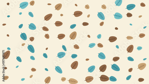 Seamless pattern of scattered brown and teal leaves on a light beige background, a cute vector illustration. Ideal for nature-themed designs, autumn projects, kids' textiles, fabric,