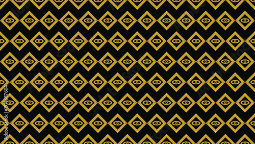 Seamless pattern with repeating golden eye symbols inside abstract geometric diamond shapes on a black background. This elegant, luxurious, modern vector illustration is perfect for
