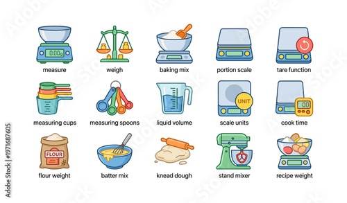 Kitchen tools for precise baking: scales, mixers, and measuring utensils illustrated