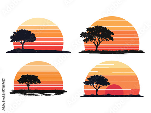 Sunset silhouette with lone tree vector
