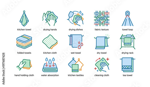Kitchen towel icons: cleaning, drying, textiles, absorption, fabric