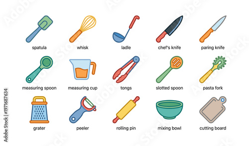 Colorful kitchen utensils collection: spatula, whisk, knives, and more