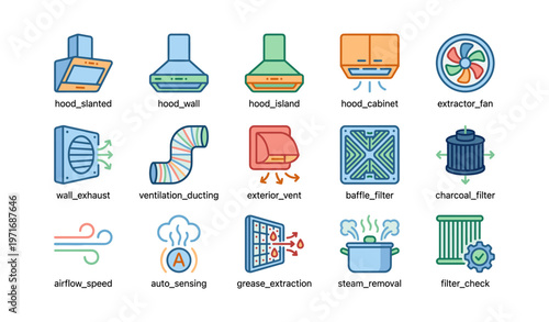 Kitchen ventilation icons: hoods, filters, and fans for efficient airflow