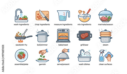Illustrated guide to cooking techniques with ingredients and kitchen tasks