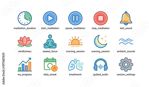 Meditation icons set featuring timers, mindfulness, sessions, and relaxation elements